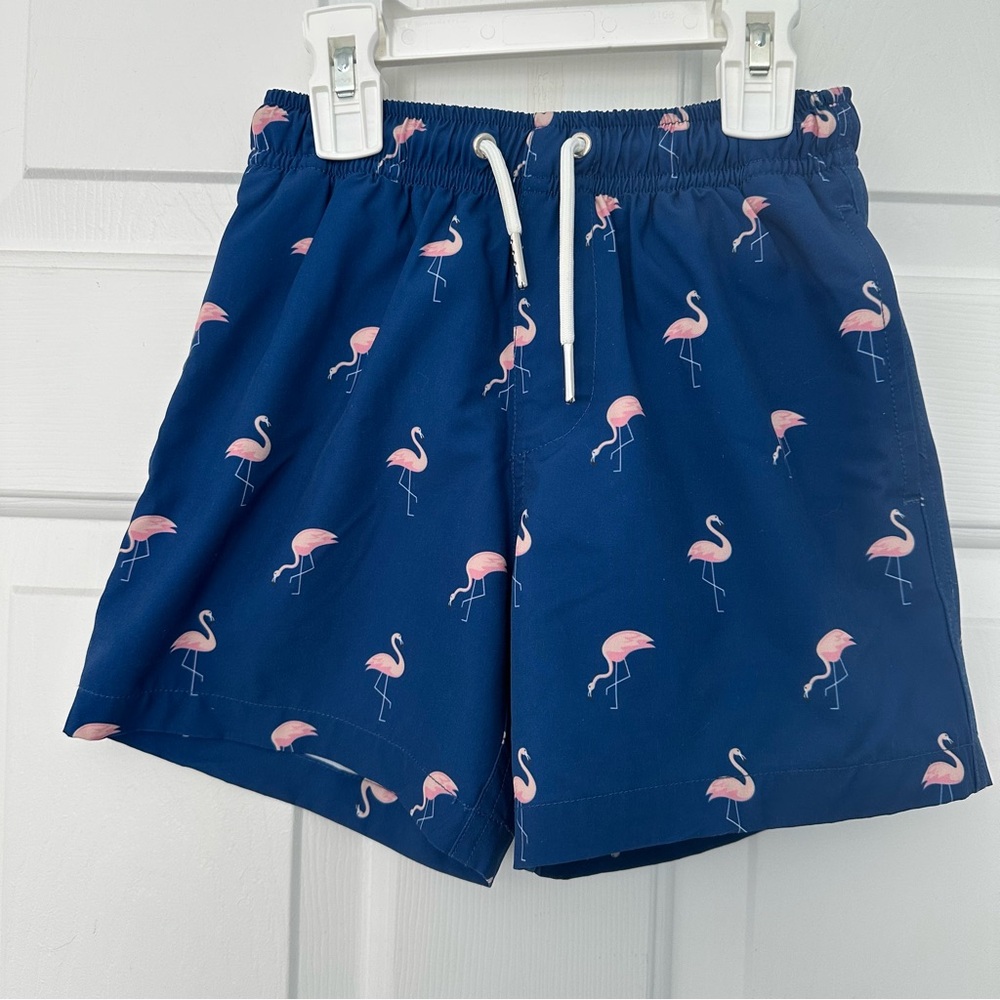 Bermies Miami Pink Flamingo Print Blue Swim Shorts Trunks Drawstring Sz 6